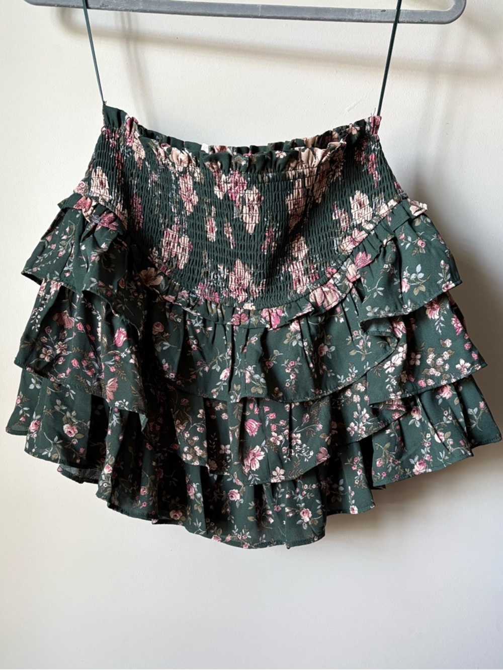 NWT Altar'd State Anderson Dark Green Floral Tiered Ruffle Mini Skirt